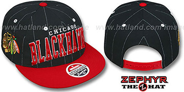 Blackhawks 2T PINSTRIPE SUPER-ARCH SNAPBACK Black-Red Hat by Zephyr