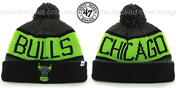 Bulls THE-CALGARY Black-Charcoal-Lime Knit Beanie Hat by Twins 47 Brand