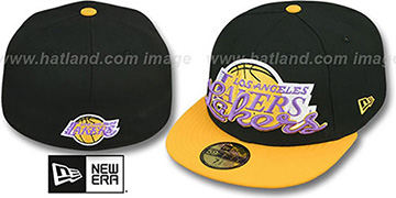 Lakers SCRIPT-PUNCH Black-Gold Fitted Hat by New Era