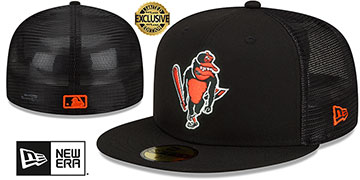 Orioles COOPERSTOWN BATTING PRACTICE TRUCKER Black Fitted Hat by New Era