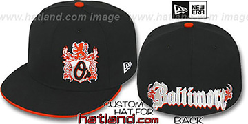 Orioles OLD ENGLISH SOUTHPAW Black-Orange Fitted Hat by New Era