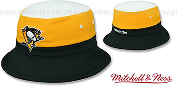 Penguins COLOR-BLOCK BUCKET White-Gold-Black Hat by Mitchell and Ness