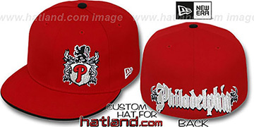 Phillies OLD ENGLISH SOUTHPAW Red-Black Fitted Hat by New Era