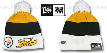 Steelers 'CUFF-SCRIPTER' White-Black-Gold Knit Beanie Hat by New Era