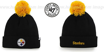 Steelers 'POMPOM CUFF' Black Knit Beanie Hat by Twins 47 Brand