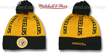 Steelers VERTICAL WORD BEANIE Gold-Black by Mitchell and Ness