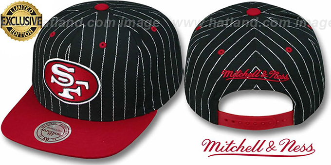 49ers 'PINSTRIPE 2T TEAM-BASIC SNAPBACK' Black-Red Adjustable Hat by Mitchell and Ness