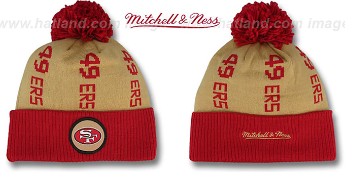 49ers 'VERTICAL WORD BEANIE' Gold-Red by Mitchell and Ness