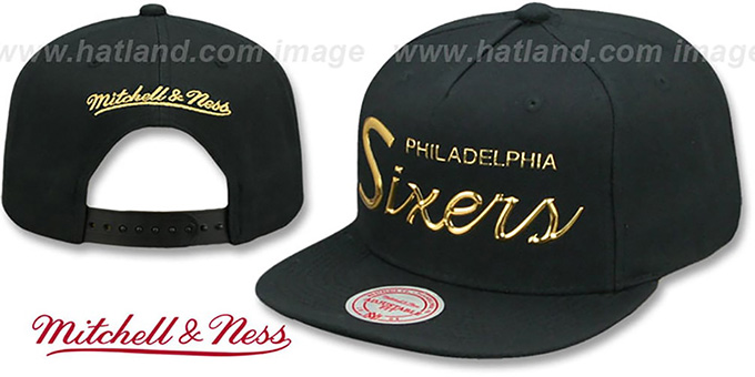 76ers 'LIQUID METALLIC SCRIPT SNAPBACK' Black-Gold Hat by Mitchell and Ness