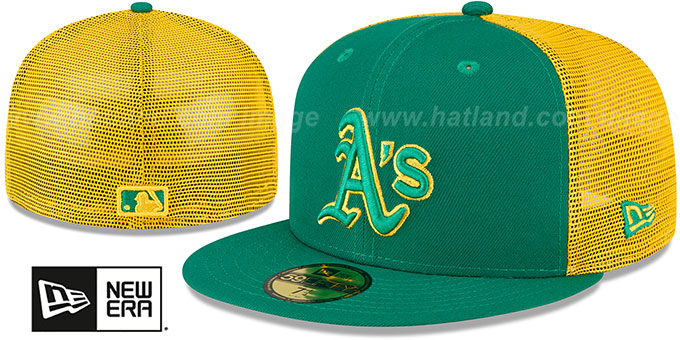 Athletics 2023 '2T BATTING PRACTICE TRUCKER' Green-Gold Fitted Hat by New Era