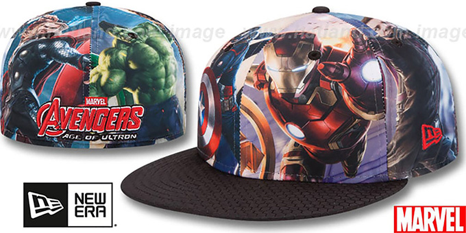 Avengers 'CHARACTER ALL-OVER' Multi-Black Fitted Hat by New Era