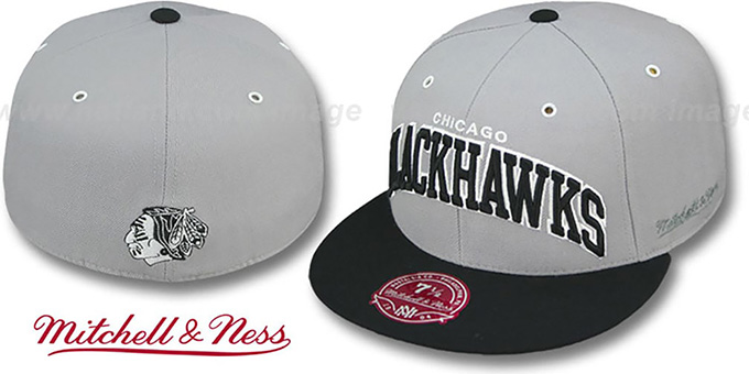 Blackhawks '2T XL-WORDMARK' Grey-Black Fitted Hat by Mitchell and Ness