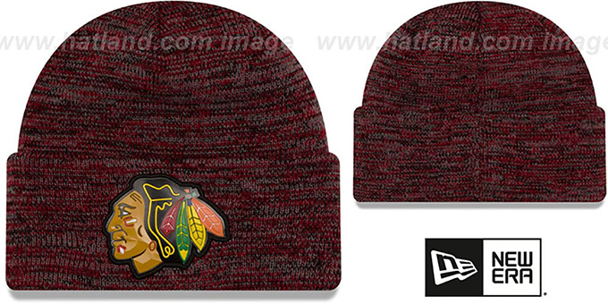 Blackhawks 'BEVEL' Black-Red Knit Beanie Hat by New Era