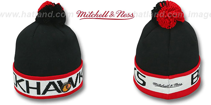 Blackhawks 'THE-BUTTON' Knit Beanie Hat by Michell and Ness