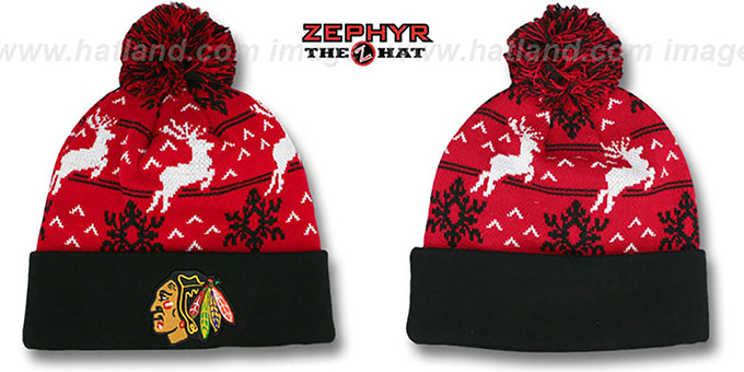 Blackhawks 'UGLY SWEATER' Black-Red Knit Beanie Hat by Zephyr