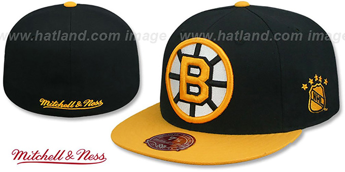 Bruins '2T XL-LOGO' Black-Gold Fitted Hat by Mitchell and Ness