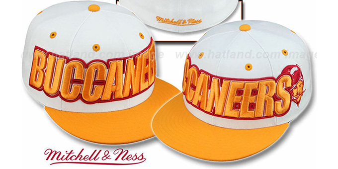 Buccaneers '2T WORDMARK' White-Orange Fitted Hat by Mitchell and Ness