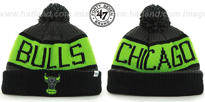 Bulls 'THE-CALGARY' Black-Charcoal-Lime Knit Beanie Hat by Twins 47 Brand