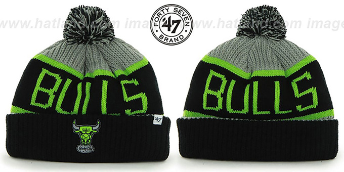 Bulls 'THE-CALGARY' Black-Grey-Lime Knit Beanie Hat by Twins 47 Brand