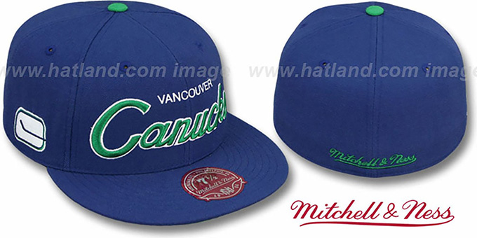 Canucks 'CLASSIC-SCRIPT' Navy Fitted Hat by Mitchell and Ness