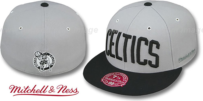 Celtics '2T XL-WORDMARK' Grey-Black Fitted Hat by Mitchell and Ness