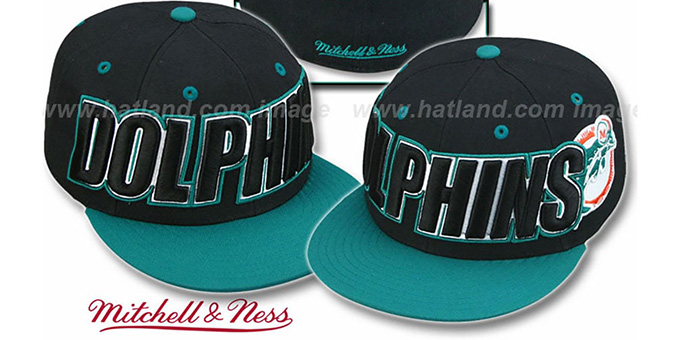 Dolphins '2T WORDMARK' Black-Aqua Fitted Hat by Mitchell and Ness