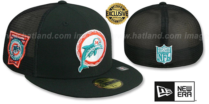 Dolphins 30TH 'MESH-BACK SIDE-PATCH' Black-Black Fitted Hat by New Era