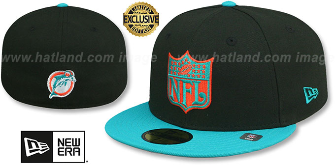 Dolphins 'THROWBACK NFL SHIELD-BASIC' Black-Aqua Fitted Hat by New Era