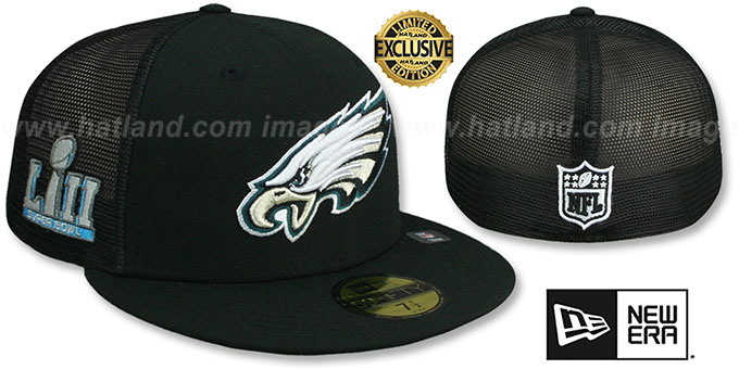 Eagles SB LII 'MESH-BACK SIDE-PATCH' Black-Black Fitted Hat by New Era