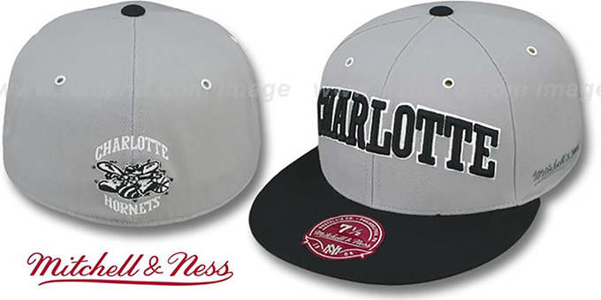 Hornets '2T XL-WORDMARK' Grey-Black Fitted Hat by Mitchell and Ness