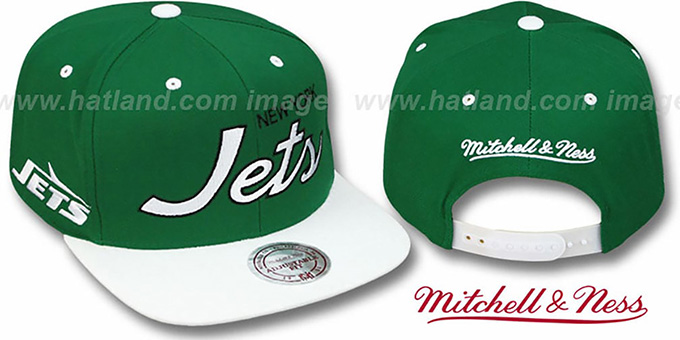 Jets '2T TEAM-SCRIPT SNAPBACK' Green-White Hat by Mitchell and Ness