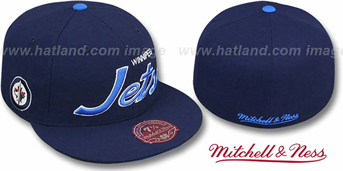 Jets 'CLASSIC-SCRIPT' Navy Fitted Hat by Mitchell and Ness