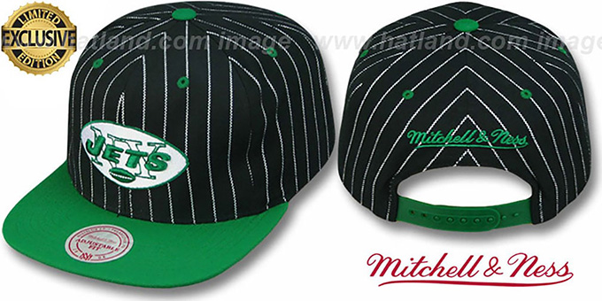 Jets 'PINSTRIPE 2T TEAM-LOGO SNAPBACK' Black-Green Adjustable Hat by Mitchell and Ness