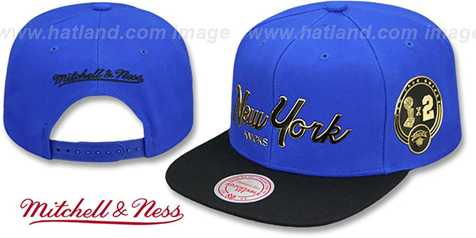 Knicks 'CITY CHAMPS SCRIPT SNAPBACK' Royal-Black Hat by Mitchell and Ness