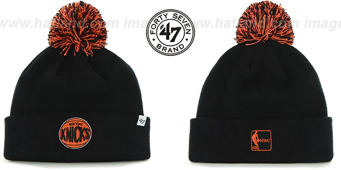 Knicks 'POMPOM CUFF' Black Knit Beanie Hat by Twins 47 Brand