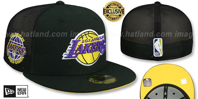 Lakers 17X WORLD CHAMPS 'MESH-BACK SIDE-PATCH' Black-Gold Fitted Hat by New Era