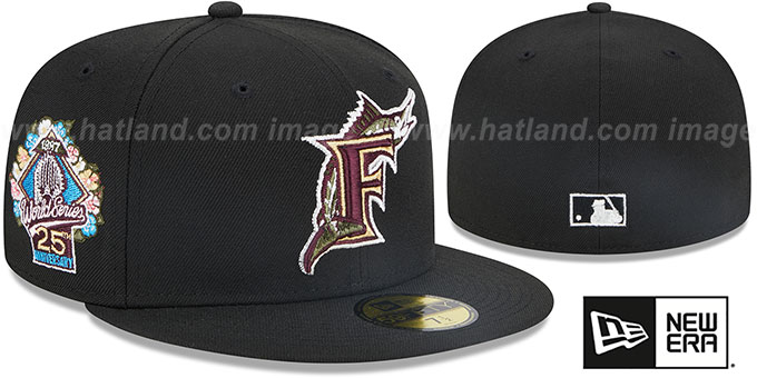 Marlins 'BOTANICAL SIDE-PATCH' Black Fitted Hat by New Era