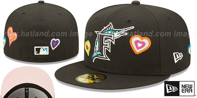 Marlins 'CHAIN STITCH HEARTS' Black Fitted Hat by New Era