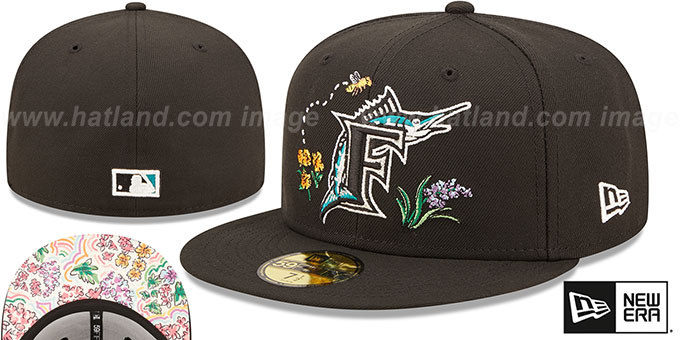 Marlins COOP 'FLORAL WATERCOLORS' Black Fitted Hat by New Era