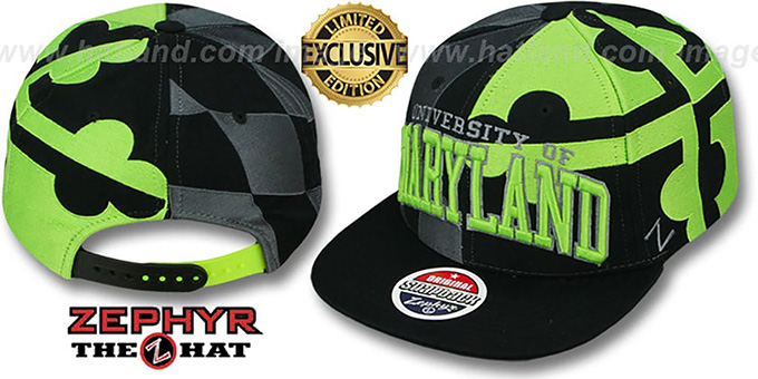 Maryland 'SUPER-FLAG SNAPBACK' Black-Grey-Lime Hat by Zephyr