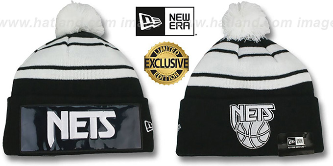 Nets 'BIG-SCREEN' Black-White Knit Beanie Hat by New Era