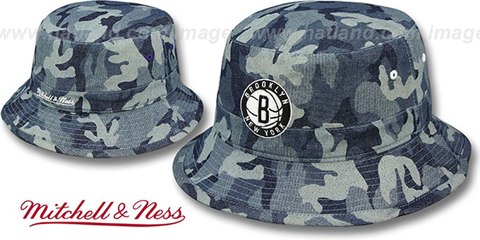 Nets 'DENIM-CAMO BUCKET' Blue Hat by Mitchell and Ness