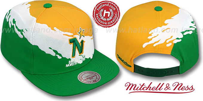 North Stars 'PAINTBRUSH SNAPBACK' Gold-White-Green Hat by Mitchell and Ness