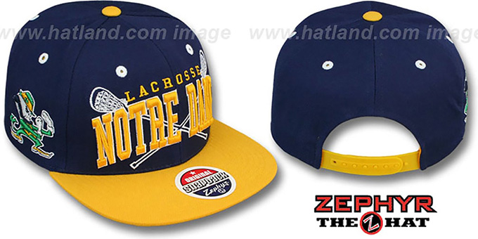 Notre Dame 'LACROSSE SUPER-ARCH SNAPBACK' Navy-Gold Hat by Zephyr