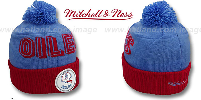 Oilers 'CUFF BEANIE-2' Sky-Red Knit Hat by Mitchell and Ness