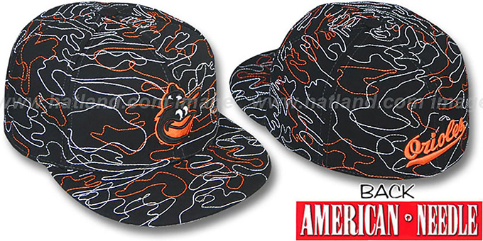 Orioles 'SILLY STRING ALL-OVER' Black Fitted Hat by American Needle