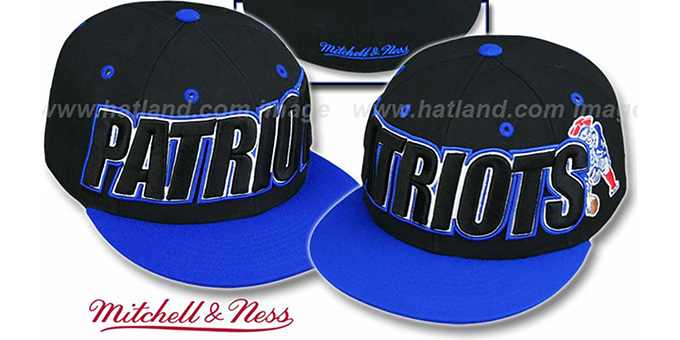 Patriots '2T WORDMARK' Black-Royal Fitted Hat by Mitchell and Ness