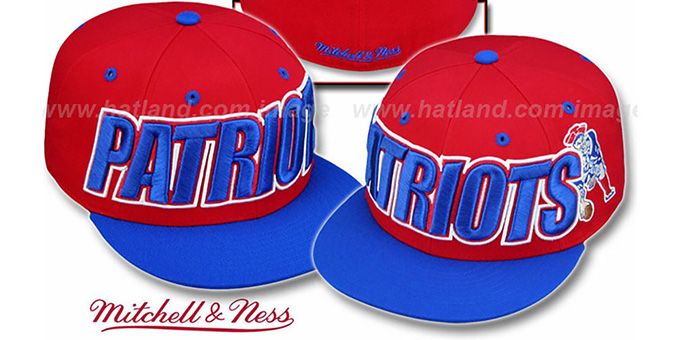 Patriots '2T WORDMARK' Red-Royal Fitted Hat by Mitchell and Ness