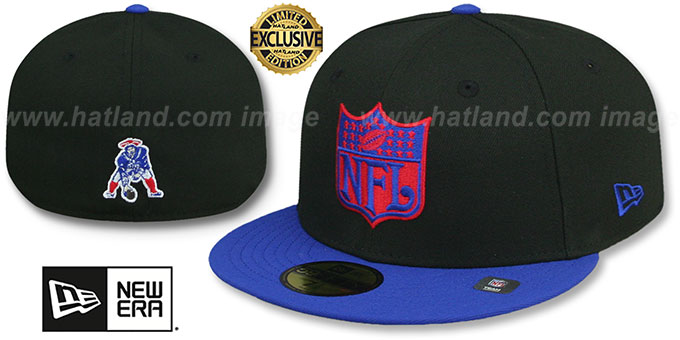 Patriots 'THROWBACK NFL SHIELD-BASIC' Black-Royal Fitted Hat by New Era