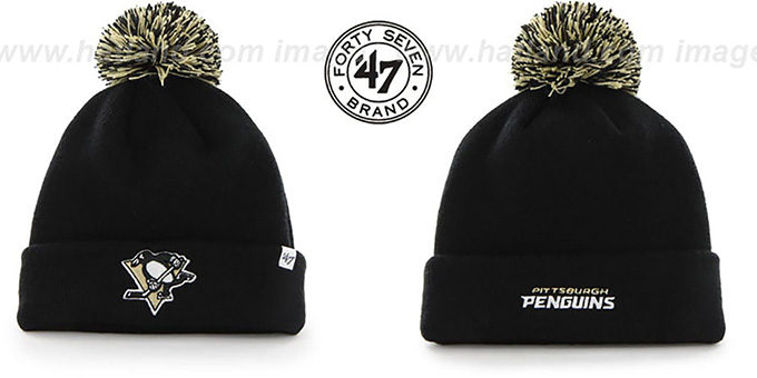 Penguins 'POMPOM CUFF' Black Knit Beanie Hat by Twins 47 Brand